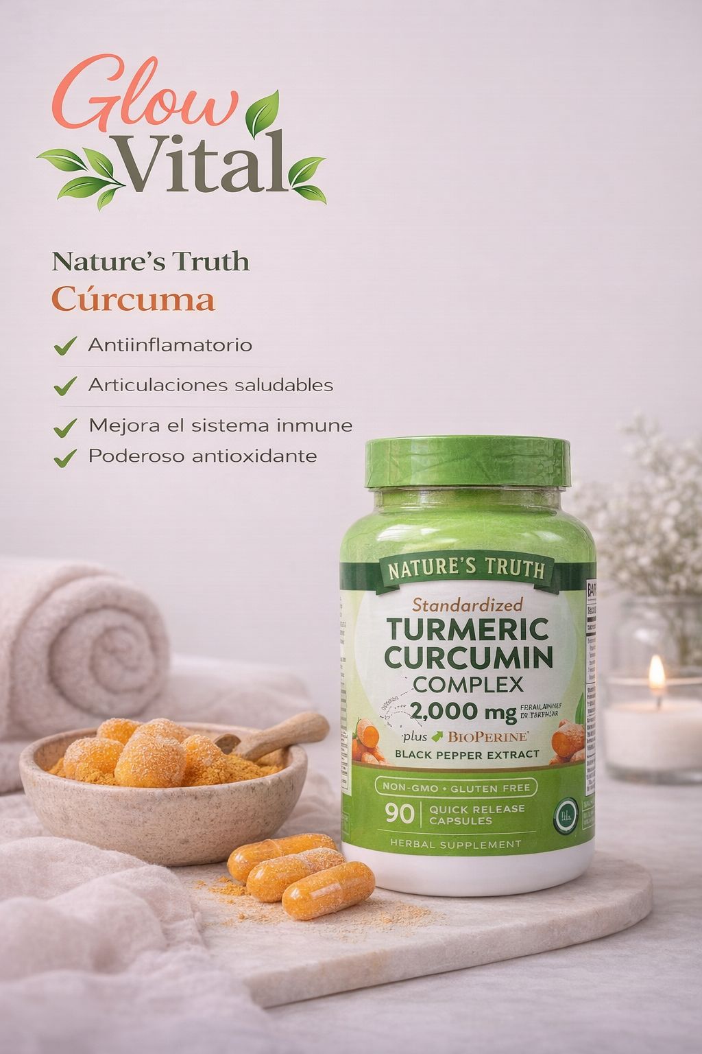 🌿 Nature’s Truth Cúrcuma Curcumina 95% + Bioperina® – 90 Cápsulas